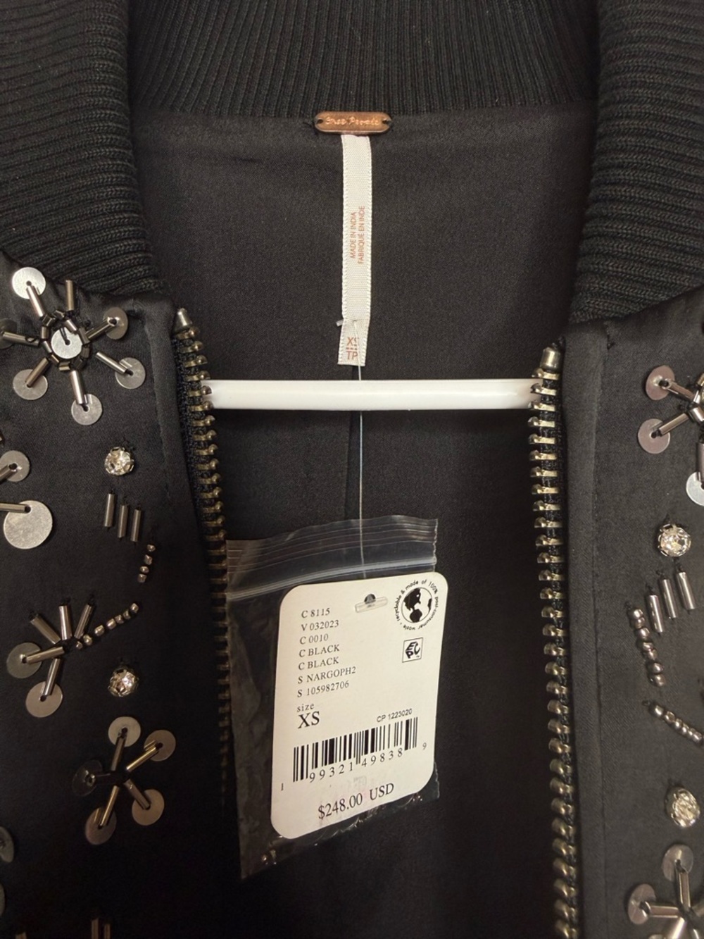 Free People Stassi Embellished Bomber jacket Black Silver Beaded Sequins XS NWT - Picture 6 of 11